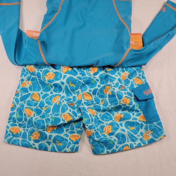 UVSkinz Kids 3 Pc Swimwear Set RashGuard Shorts Reversible Hat Size 2T Fish Vaca - Picture 3 of 4